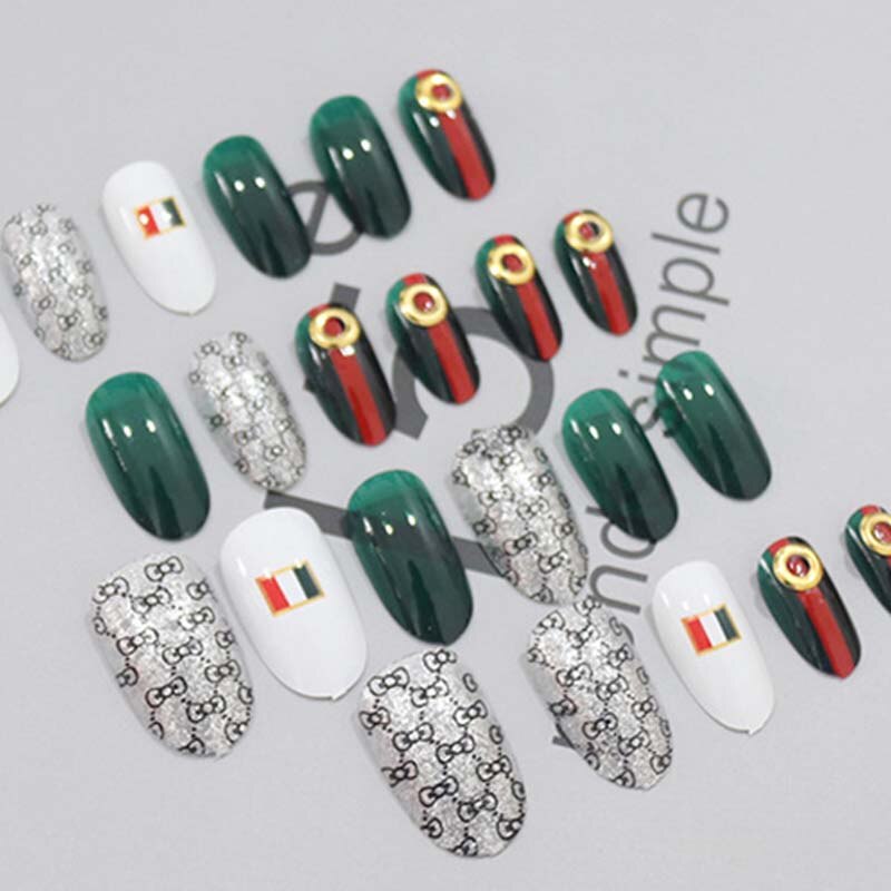 Dames Mode Groen Wit Kleur Nep Nagels Lange Ontwerpen Kunstmatige False Nail Tips Volledige Cover Nail Art Tips Met Lijm 24 Stks/set