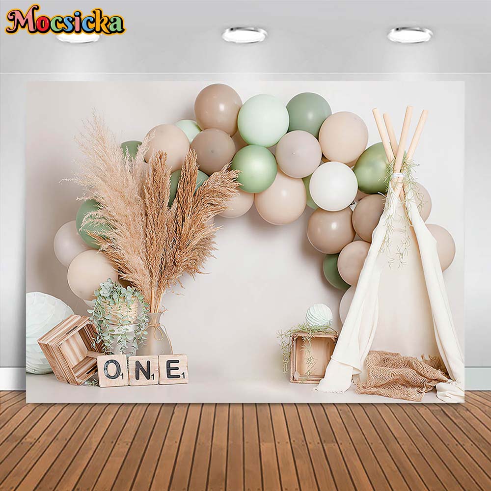 Mocsicka Boho Ballon Baby 1st Verjaardag Fotografie Achtergrond Jongen Eerste Taart Smash Party Achtergrond Decoratie Fotostudio Props