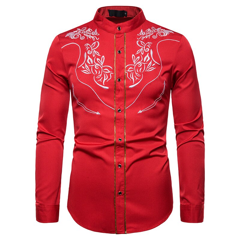 CYXZFTROFL Men's Western Cowboy Embroidered Shirt Casual Henry collar Button Down Shirts Slim Fit Long Sleeve Shirt: Red / Eu Size L