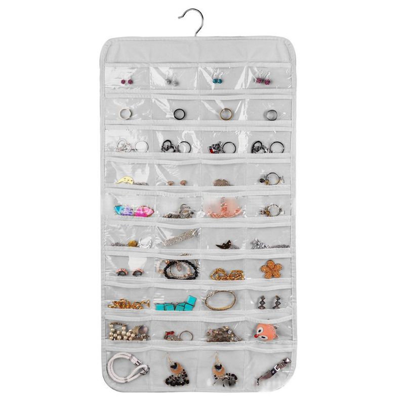 80 Pockets Double Sided Hanging Jewelry Display Organizer Storage Bag Non-woven Foldable Ring Necklace Bracelet Pouch: 7HH1107129-W