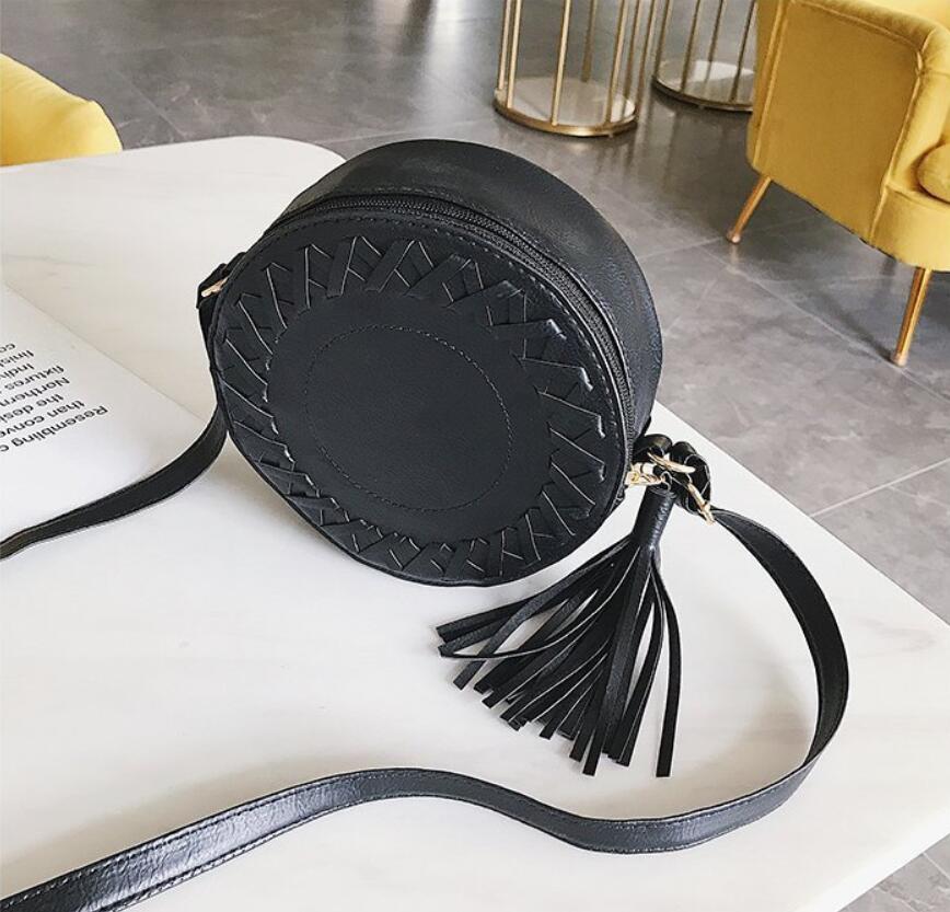 YOUHUAGUO Women shoulder bag round Weave bag female handbag small crossbody bags for Girls PU leather tassel purse: black