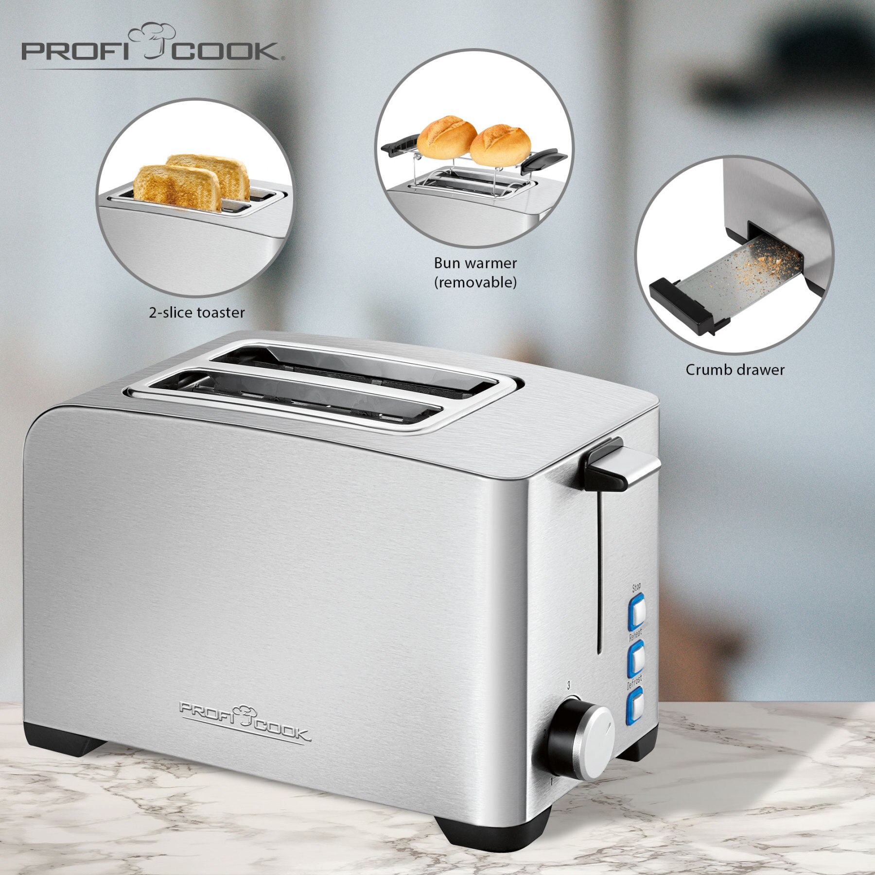 Proficook – grille-pain TA 1082, 2 fentes, 3 fonctions, rouleaux chauffants, 800 W, en acier inoxydable