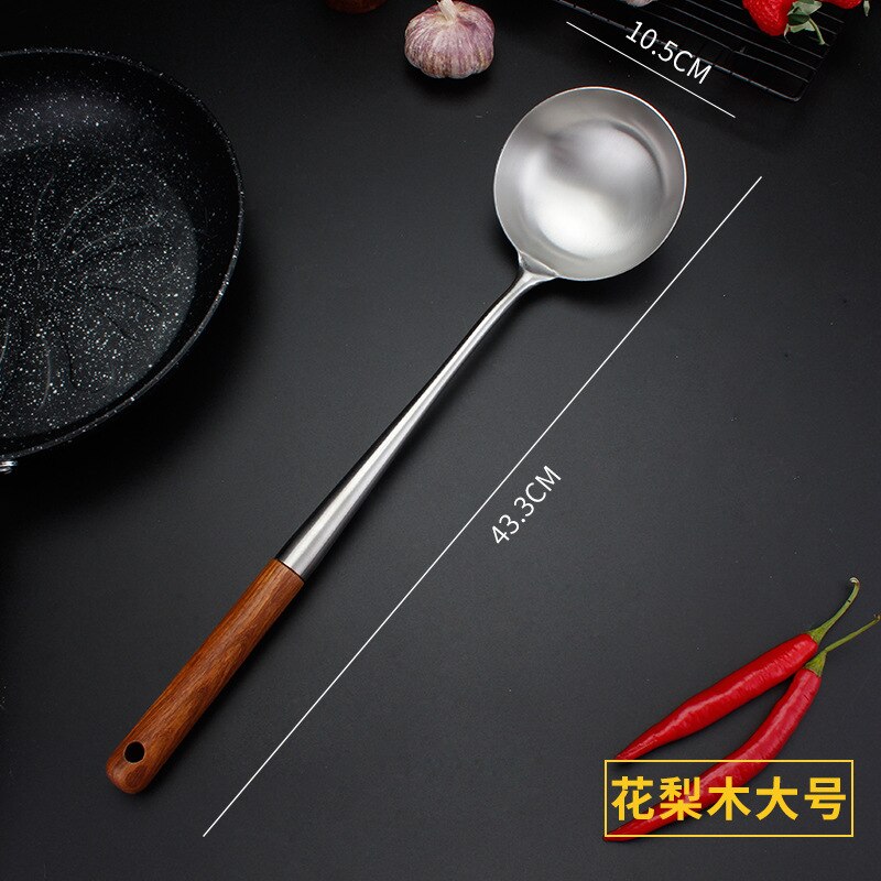 304 Stainless Steel spatula spoon with wooden handle lengthened cooking spoon anti-scalding cooking shovel kitchenware: Rosewood spoon  XL
