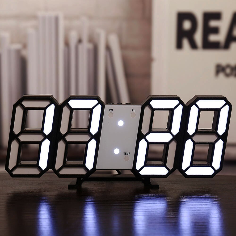 Led Digitale 3D Wandklok Usb Elektronische Wekkers Datum Temperatuur Automatische Backlight Tafel Desktop Klok Woondecoratie: Black white