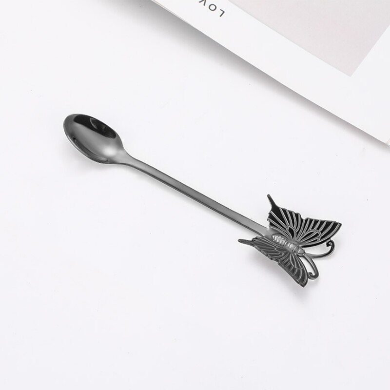 Cuillère à café en acier inoxydable 304, cuillère à café pour Dessert au sucre plaqué or, fourchette à fruits, polissage miroir poignée papillon, vaisselle 1 pièce: Black Spoon