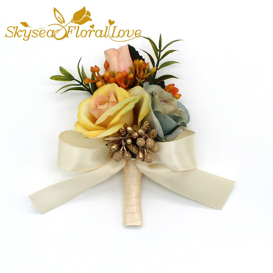 Bruiloft corsages en boutonnières broche bruid bruidegom pols corsages bruiloft bloemen: Yellow Boutonniere