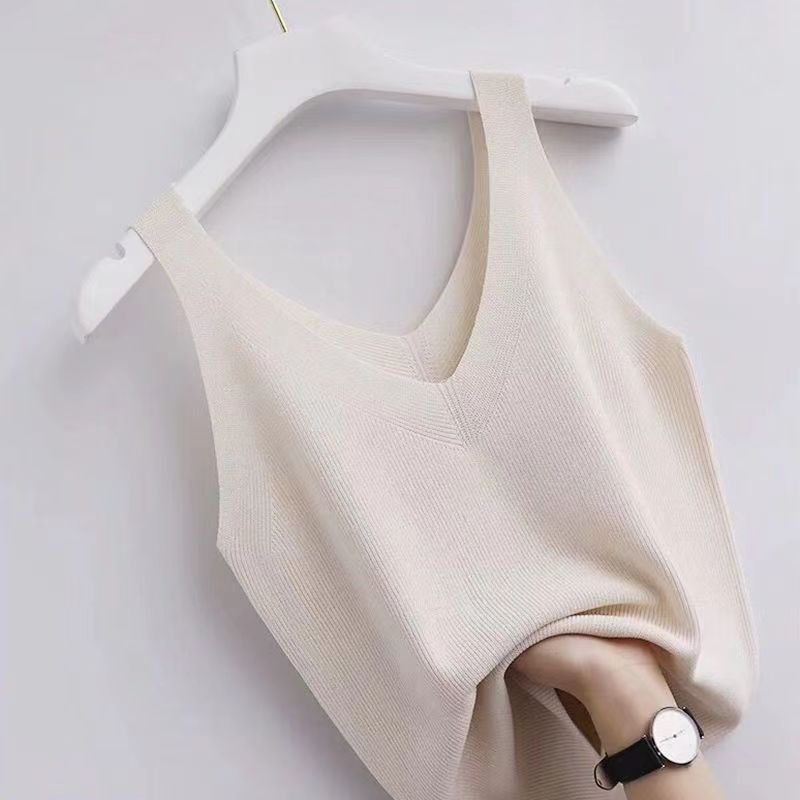 Plus Gebreide Tank Top V-Hals Ijs Zijde Mouwloze 2024 Zomer Kleding Vesten Voor Vrouwen Koreaanse Mode Losse Elegante Casual Cami Top: Beige