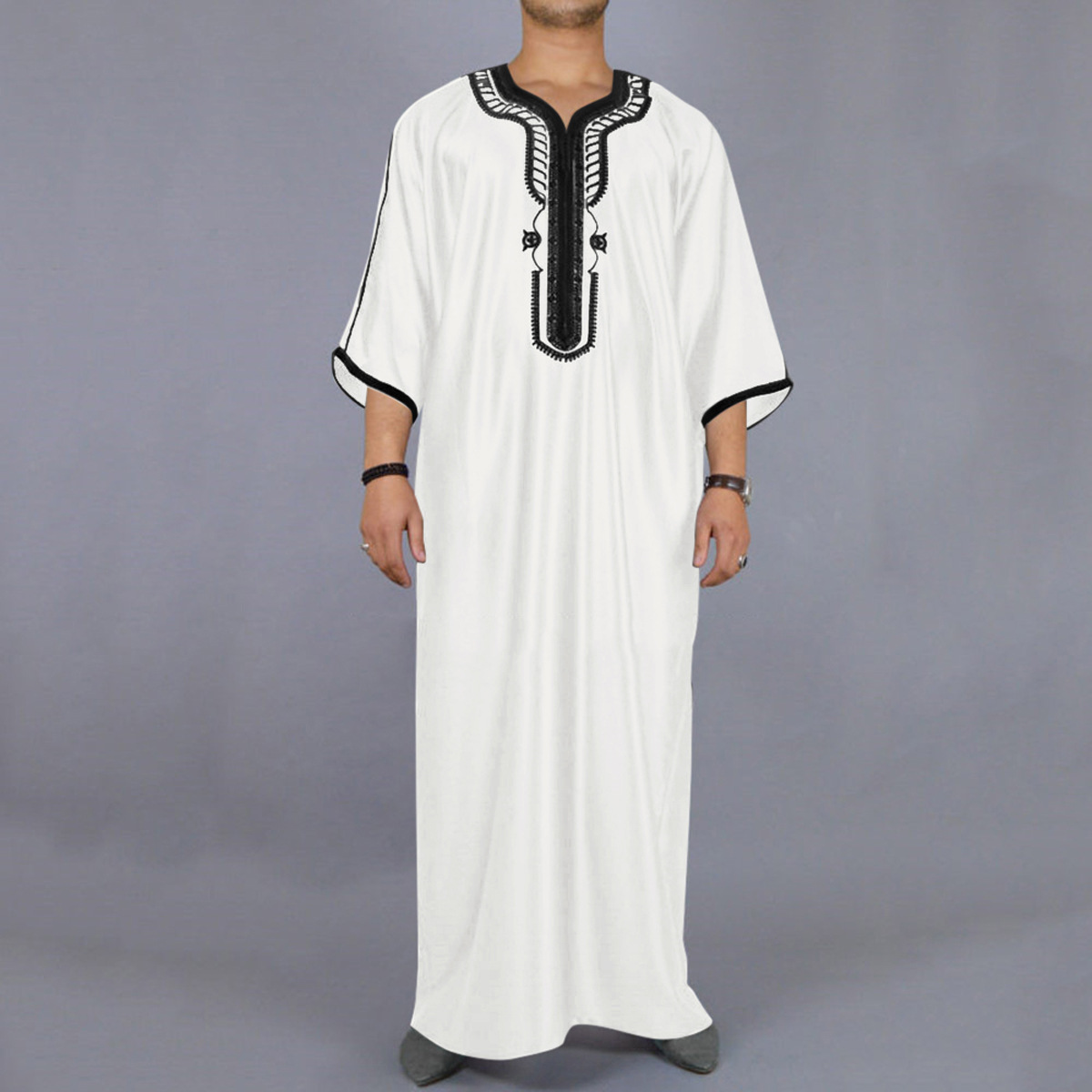 Vestido largo árabe Islam Kaftan musulmán Eid hombres marroquí Dubai caftán bordado suelto transpirable Abaya Jalabiya Thobe verano 2024: L / Blanco