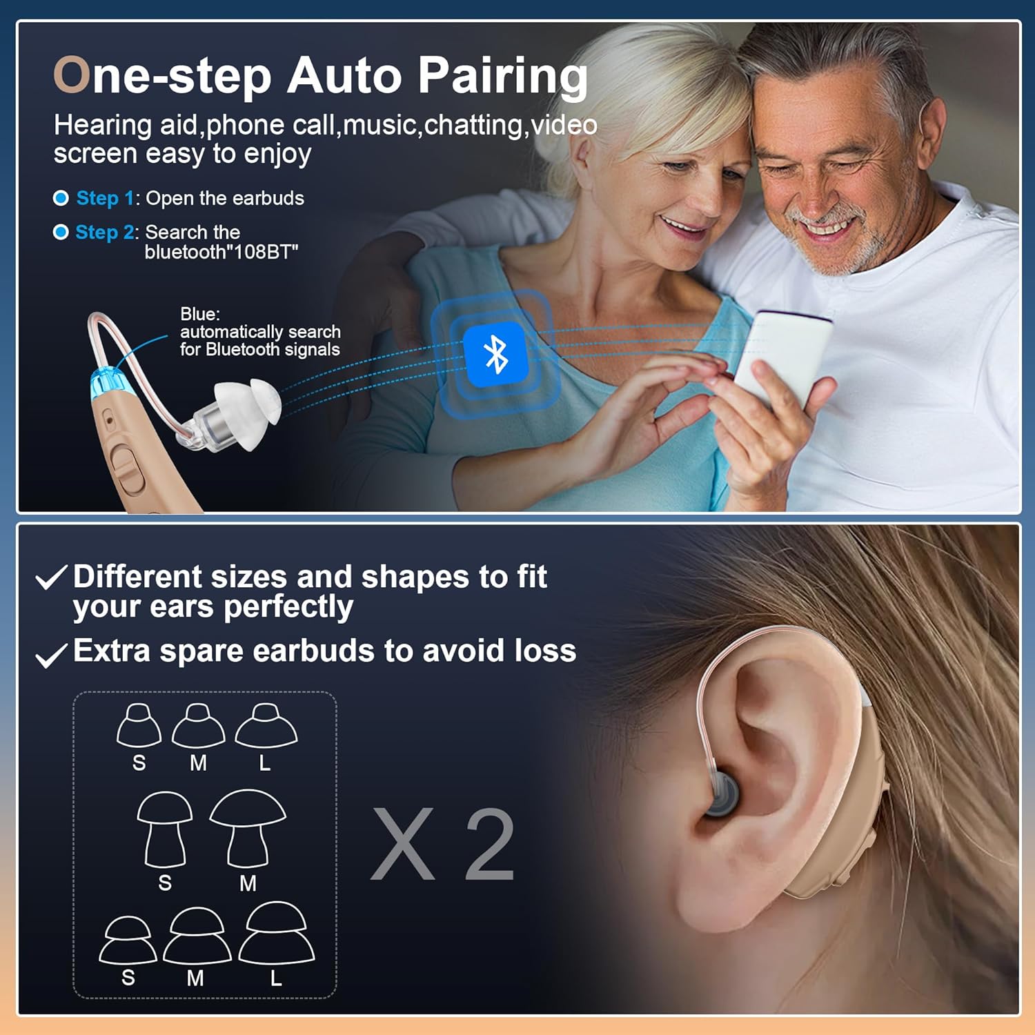 Rechargeable hearing aids with bluetooth, bluetooth hearing aids for seniors and adults, noise reduction OTC hearing aids
