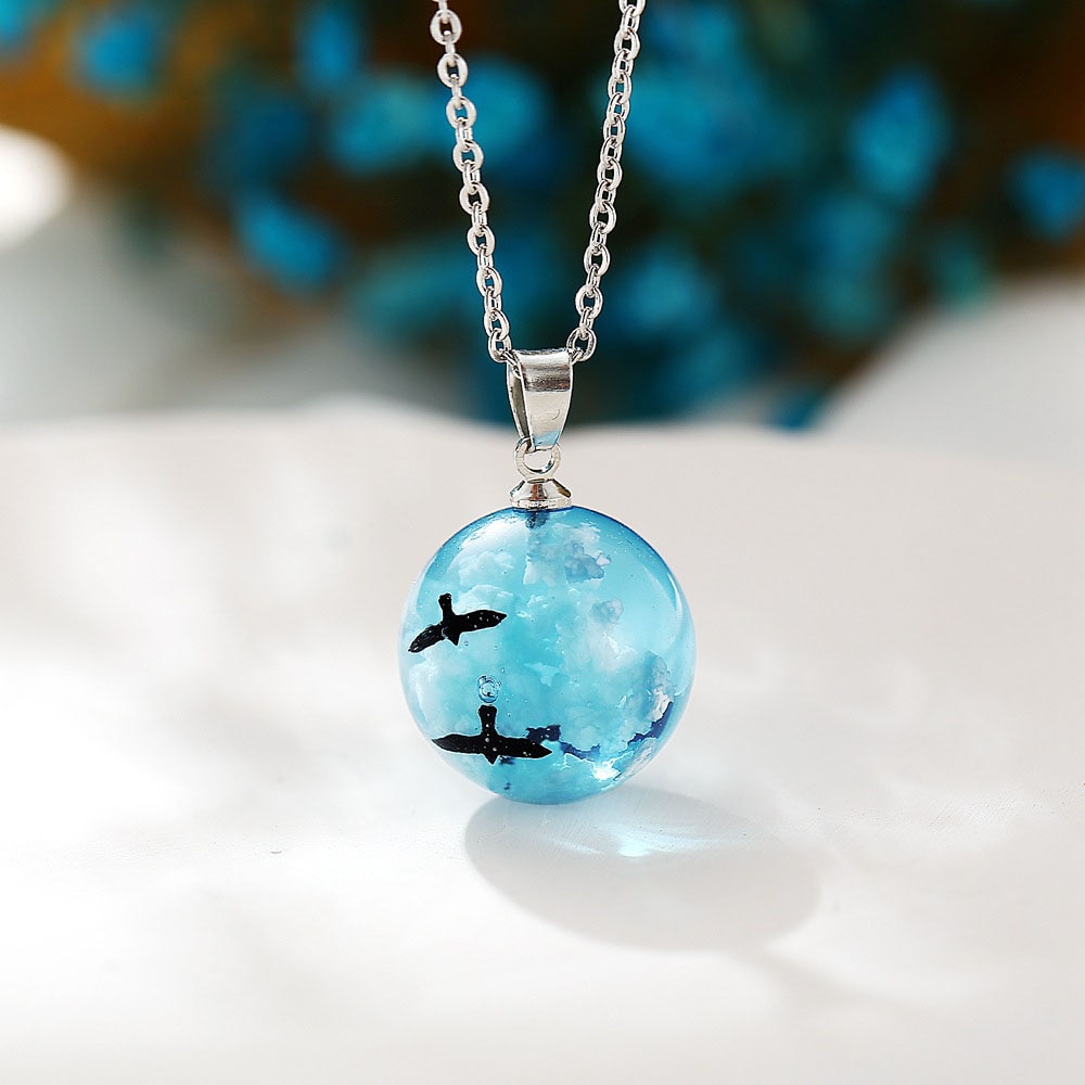 Yobest Transparent Resin Round Ball Pendant Necklace Women Blue Sky White Cloud Chains Necklaces Jewelry