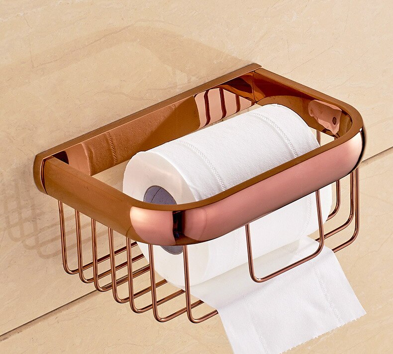 Rose Goud Kleur Messing Vierkante Badkamer Accessoires Handdoek Plank Houder Toiletrolhouder Wall Mounted Bad Hardware Sets: Backet Tissue Holder