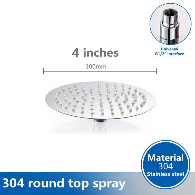 Home Round 12/10/8/6/4 inch Rainfall Shower Head Bathroom Stainless Steel Ultra-thin Shower Heads Chrome Finish Rain Shower: 4 inch Top spray
