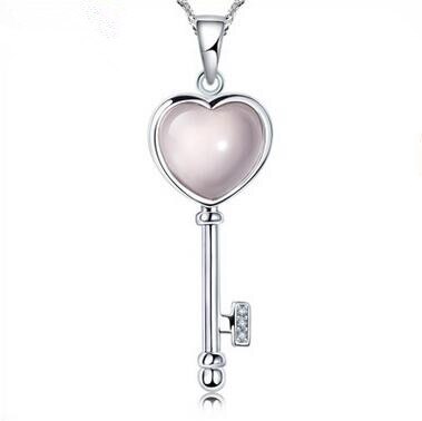 Nowy przyjazd moda miłość serce klucz różowy opal klejnot kamień 925 srebro panie wisiorek naszyjniki biżuteria prezent boże narodzenie