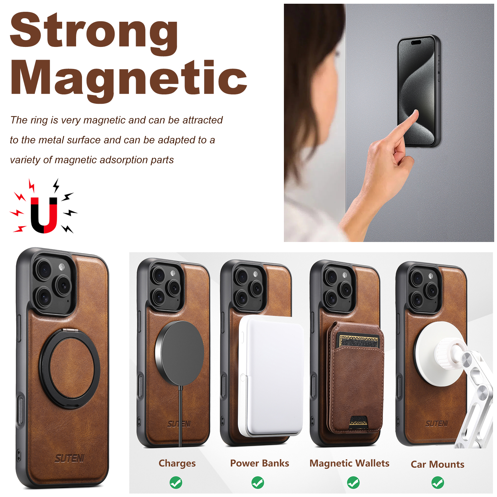 SUTENI-Coque de téléphone en cuir PU avec support rotatif à 360 °, avertisseur d'huile, chargement sans fil, compatible avec iPhone 16 Pro Max, 15 Plus, 14 Pro, 13, 12