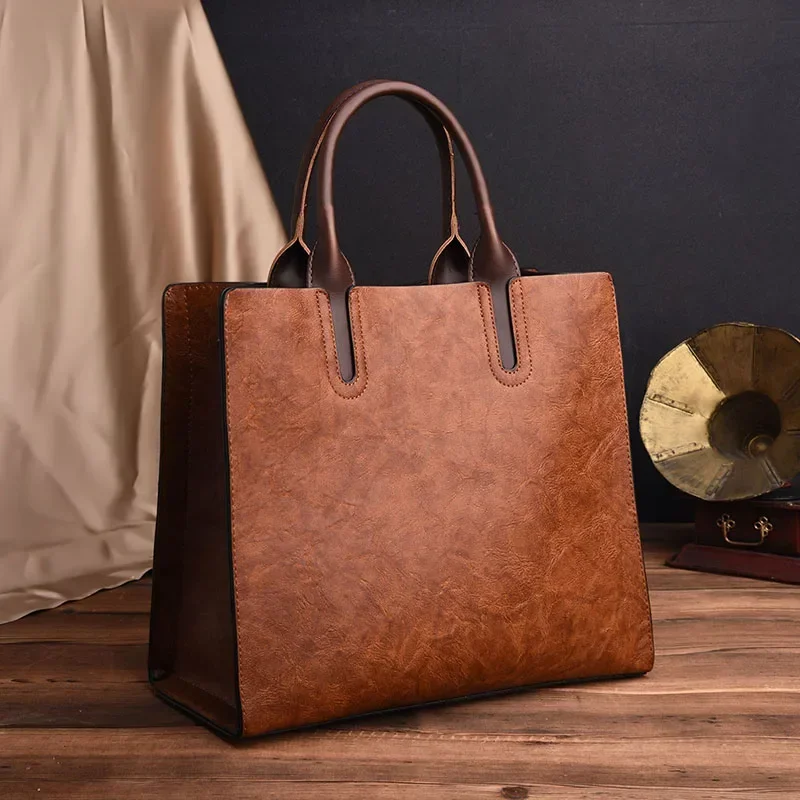 Vintage Olie Huid Lederen Grote Casual Tote Vrouwen Tassen Vrouwen Handtassen Schouder Crossbody Tas Messenger Bags sac: BROWN