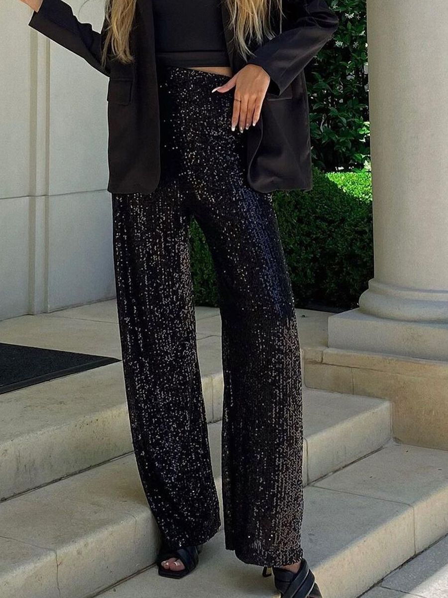wsevypo Shiny Sequins Wide Leg Pants for Women Casual Loose Elastic High Waist Straight Leg Trousers for Office Streetwear