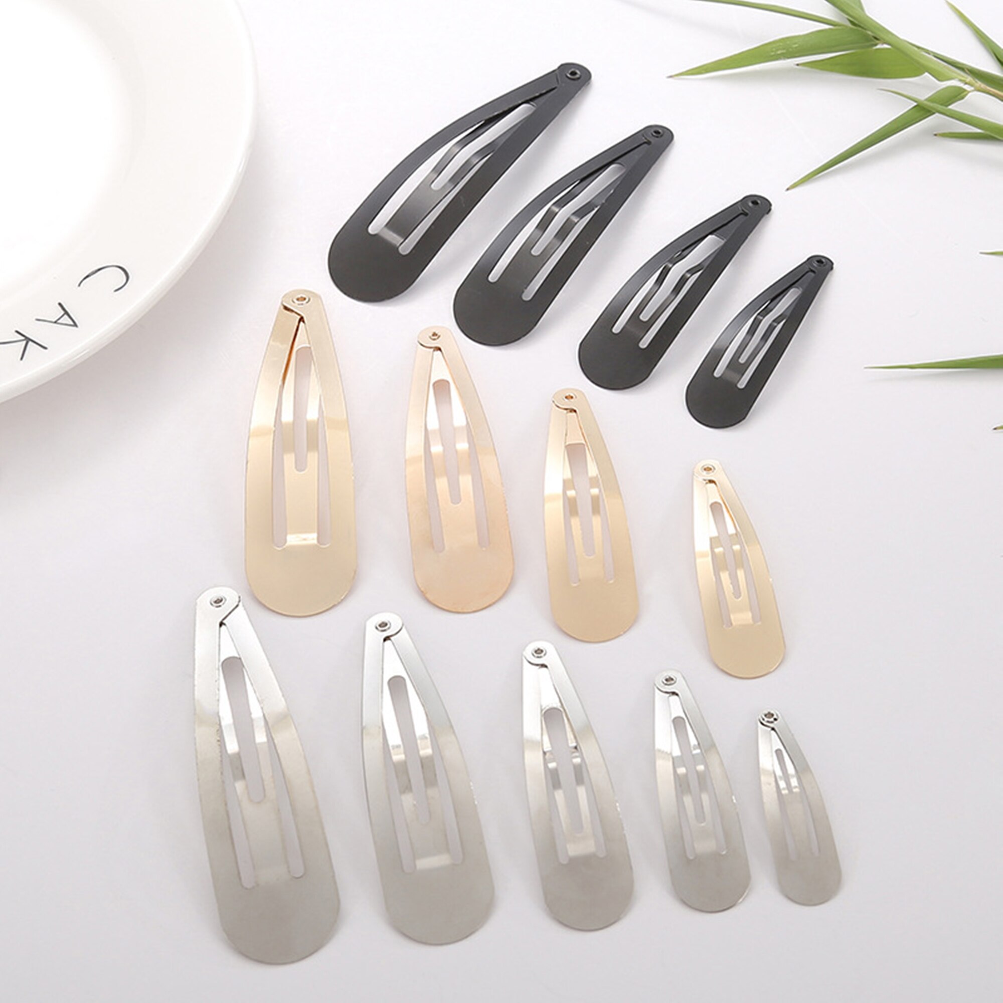 Clips à pression en métal de peinture or/argent, goutte d'eau, Clips pour bébé, pour pinces à cheveux DIY, Base de fabrication de bijoux, , 3-9cm, 100 pièces