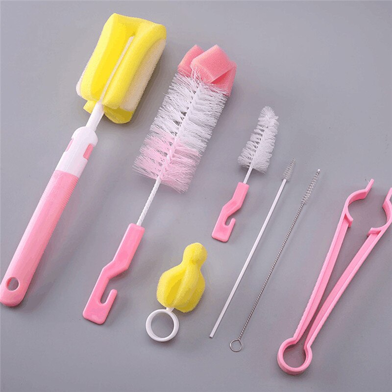 7Pcs/set Baby Bottle Brushes Brush 360-degree Rotating Head Cleaning Washing Brush Tools Straw Brush Set: Pink