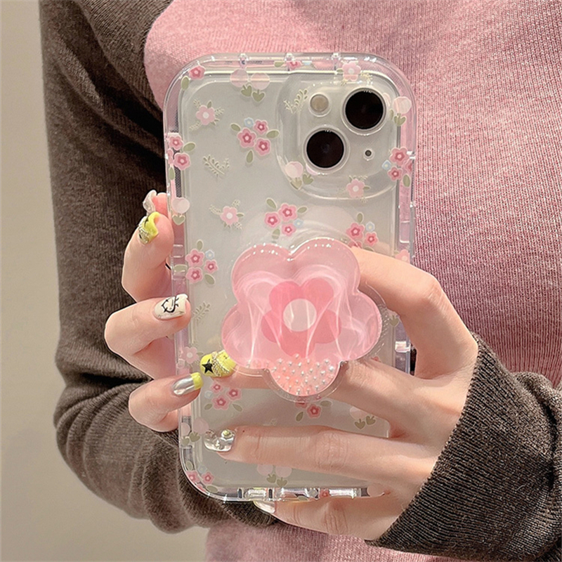 Funda de teléfono con soporte de flor rosa y arena movediza para iPhone 16 15 14 13 12 11 Pro Max XR X XS 7 8 Plus, funda suave transparente con soporte Floral