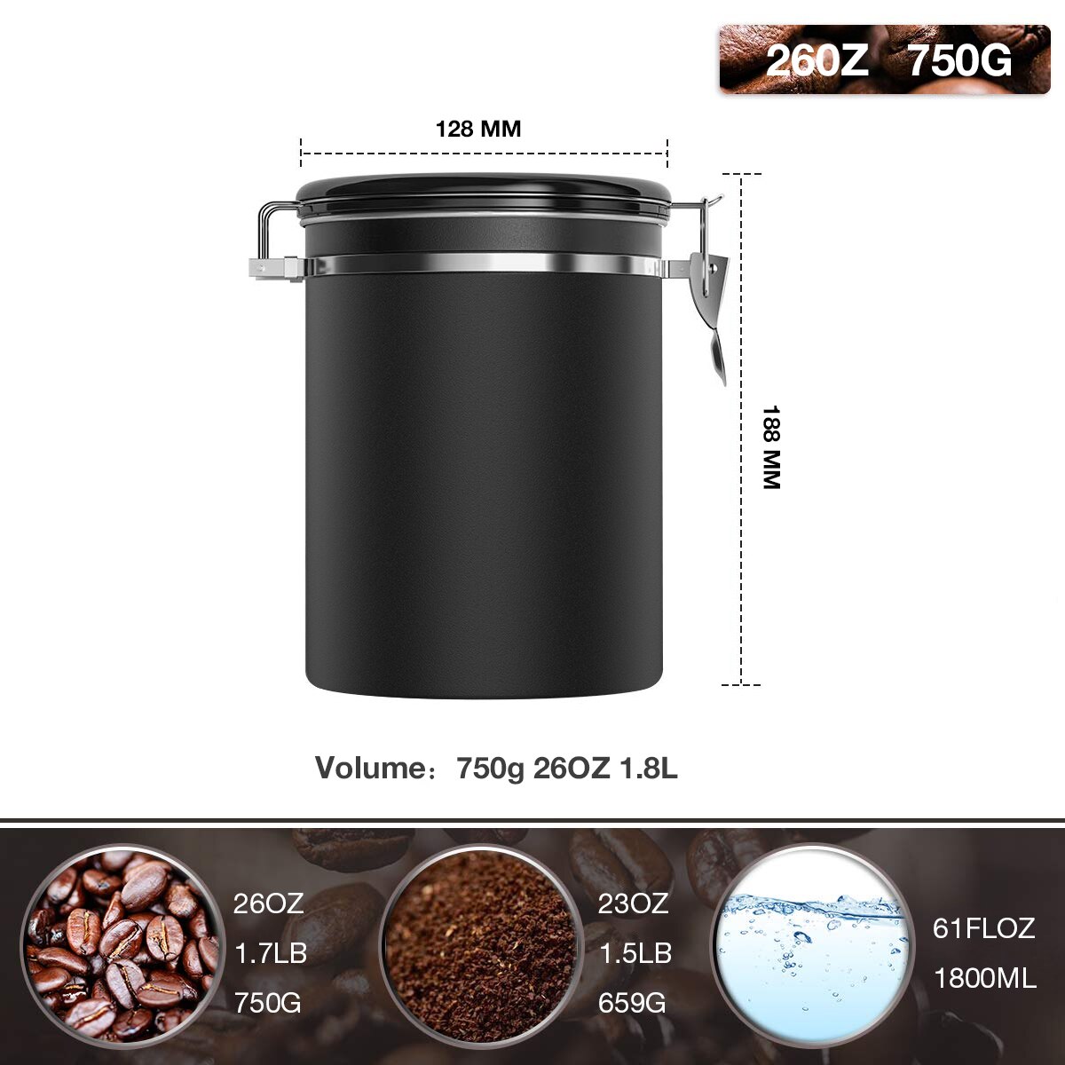 Coffee Storage Container Airtight Stainless Steel Vault Coffee Bean Canister with CO2 Valve to Keep Beans Fresh Grains Candy Jar: Black 1.8L