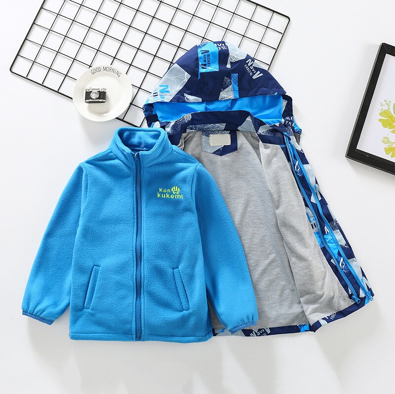 Jongens Drie-In-een Afneembare Herfst/Winter Verdikte Outdoor Casual Capuchon Kinderen Tops 4-12 Jaar Oud