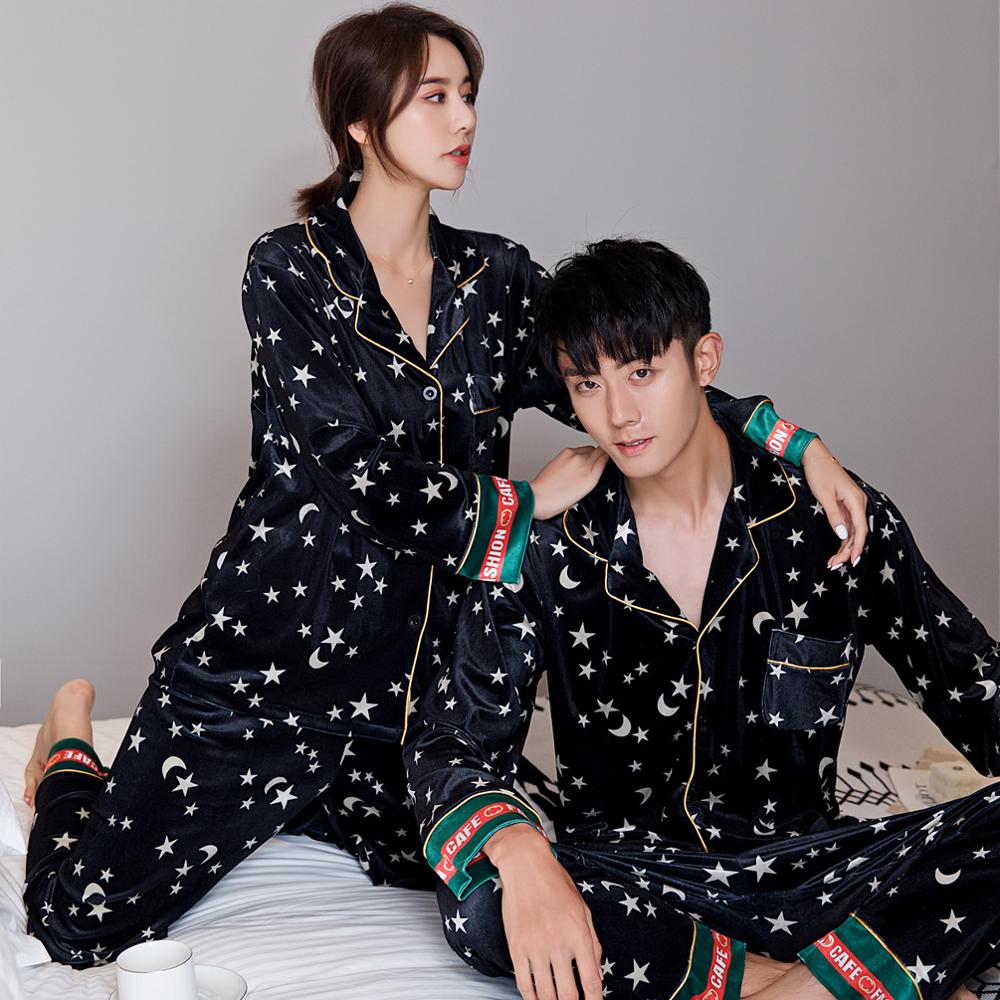 FZSLCYIYI Moon Star Couple Pajamas Autumn Gold Velvet Long Sleeve Women Pajamas Loose Men Pajama Sets Home Clothes