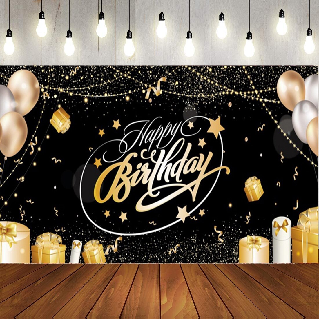 Happy Birthday Backdrop Banner Large Black Gold Balloon Star Poster Booth Backdrop Birthday Photo Background Wall Party Decor