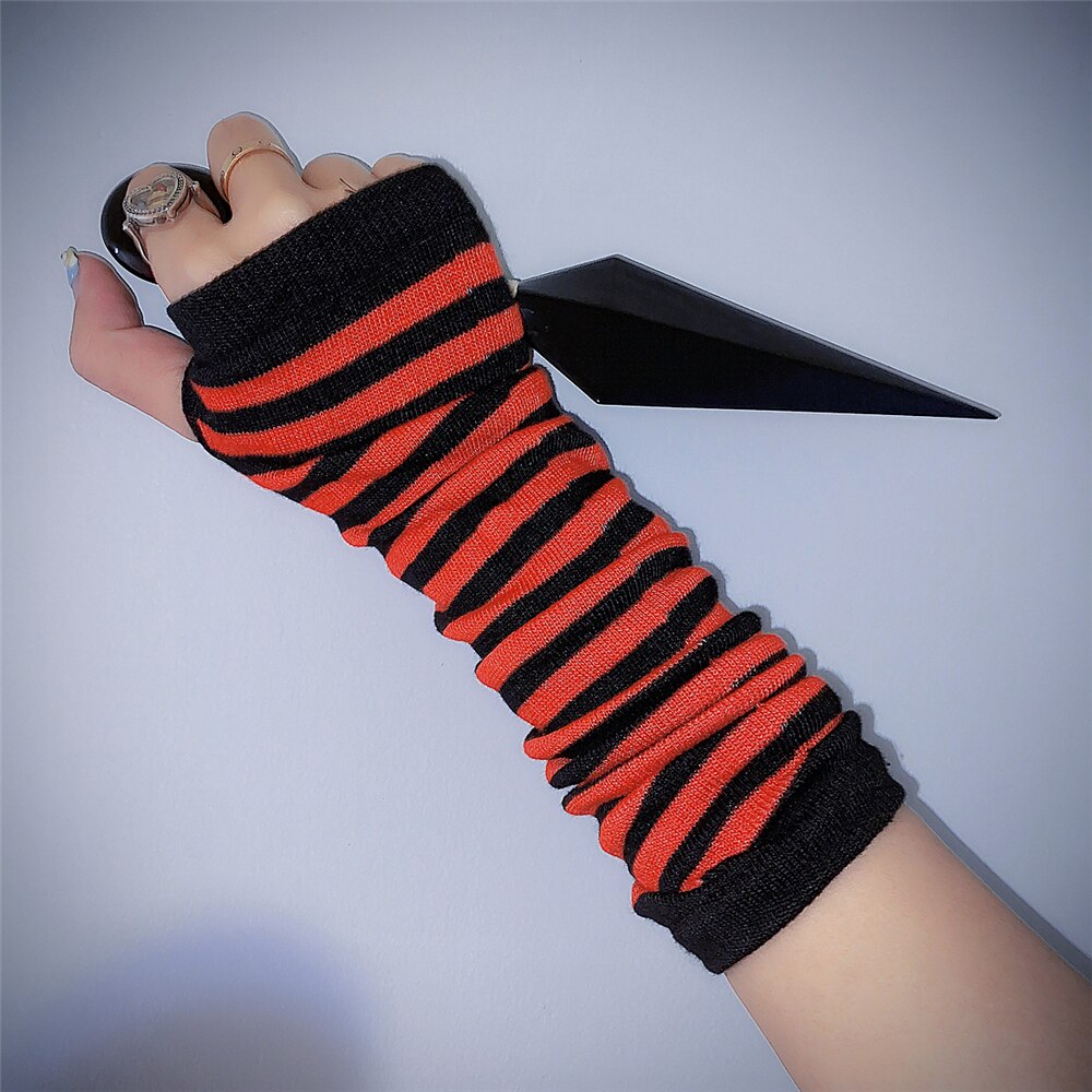 Gant gothique Harajuku Punk Style Rose rouge rayé, mi-doigt Long, 9 couleurs, gants longs pour filles, Streetwear: 2