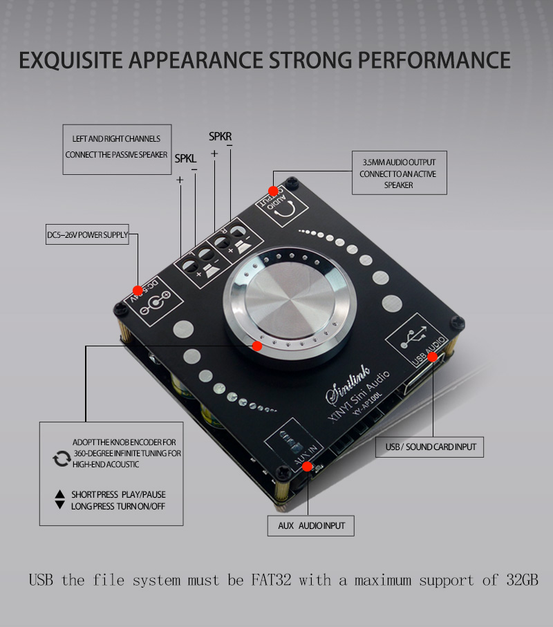 XY-AP100L 100WX2 Bluetooth 5.0 Stereo Amplifier Board AUX USB Sound Card Digital Power Amp Amplificador DC 12V 24V
