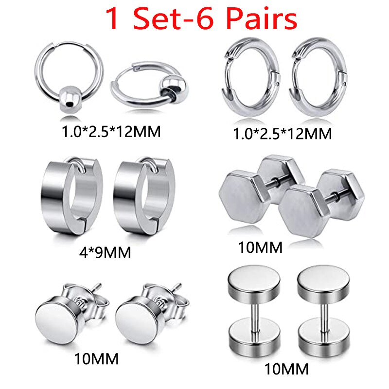 6 Pairs Stainless Steel Black Stud Earrings for Men And Women Huggie Hoop Earrings Set Cartilage Ear Body Piercing