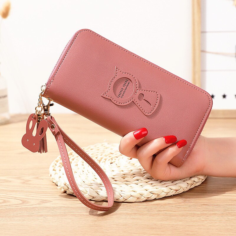 Women Wallet PU Leather Card Holder Coin Purses Zipper Long Female Wallet Cat Applique Cellphone Bag Lady: L8