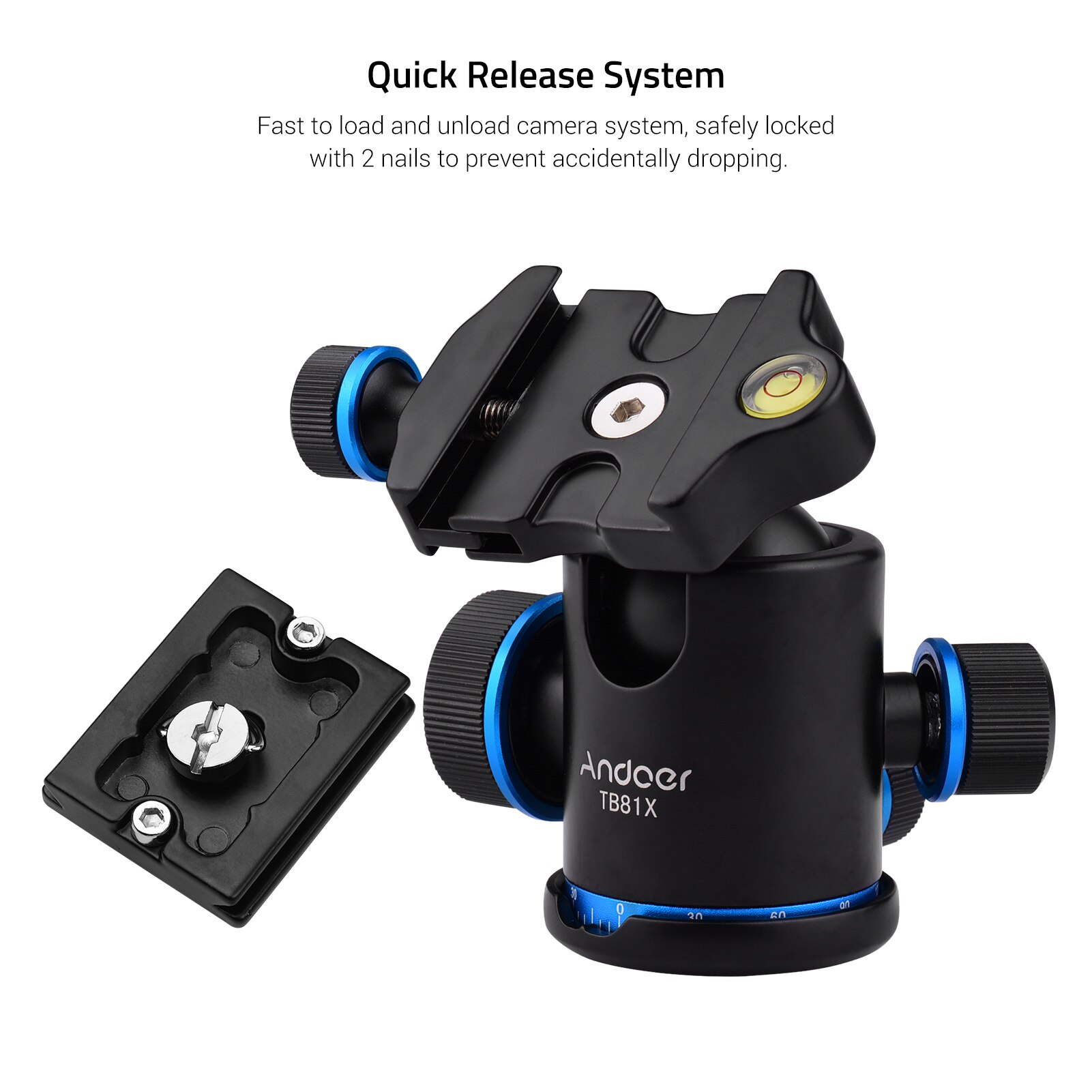 Andoer Camera Panoramic Damper Ball Head Tripod Head 10KG Payload 360° Swivel 90° Flip with Quick Release Plate Scaled Plate