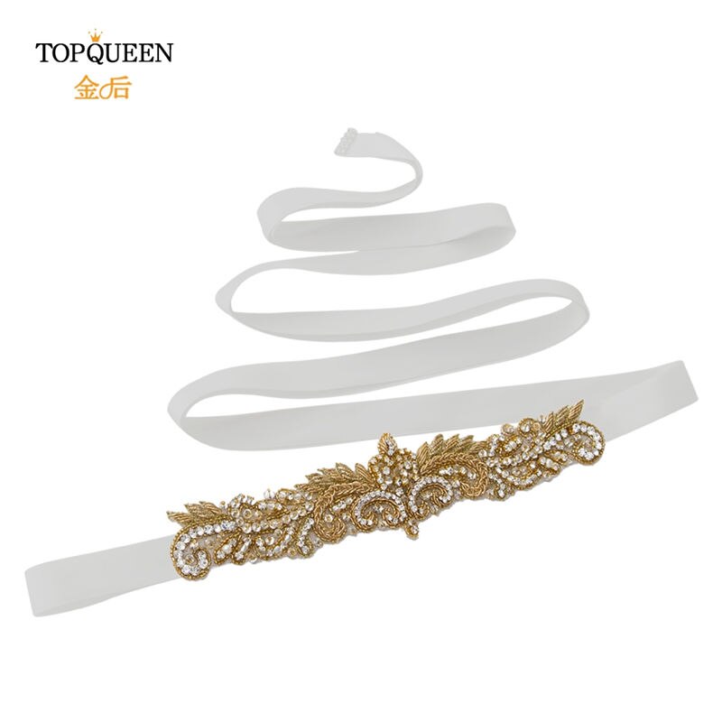 Topqueen  s375- g gull rhinestone midjebelte kvinner beaded bryllup belter india blonder brude sash belte gull belte for formell kjole: Hvit