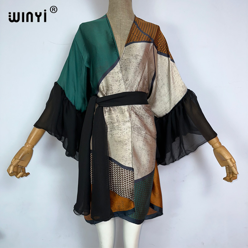 Winyi Kimono Bohemia Print Zelf Ceinted Jurk Vrouwen Elegante Zomer Bubble Mouw Vest Strandkleding Zwempak Cover Up: MULTI