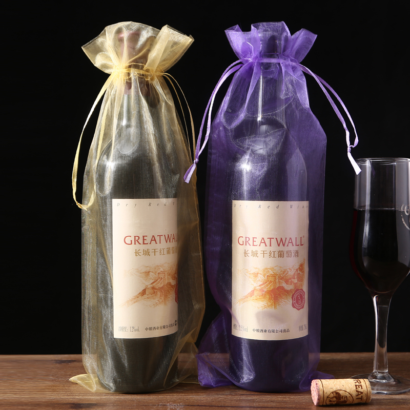 Organza wijnzakken met trekkoord, huwelijkscadeauzakje in paars rood goud roze bungurdy champagnefleshouder, feestevenementbenodigdheden