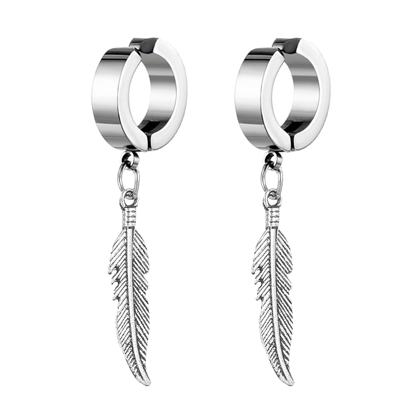 Pendientes con colgante de pluma Simple para hombre y mujer, aretes de acero inoxidable, accesorios de joyería para oreja con personalidad, 2 uds.: Rodio plateado