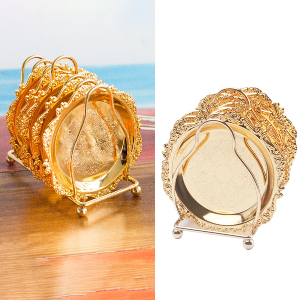 6PCS Mini Cake Dish Fruit Platter Dessert Plate Snacks Tray Decorative Tableware with Rack for Wedding Party Home (Golden)