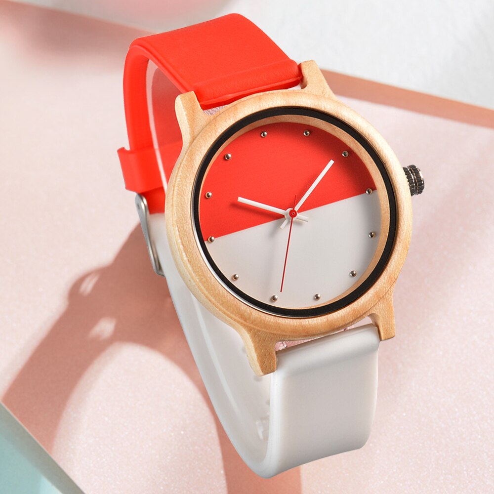 Criativo dois-cor costura relógio de madeira para homem feminino moda doce cor silicone relógio de pulso senhoras quartzo relojes hombre