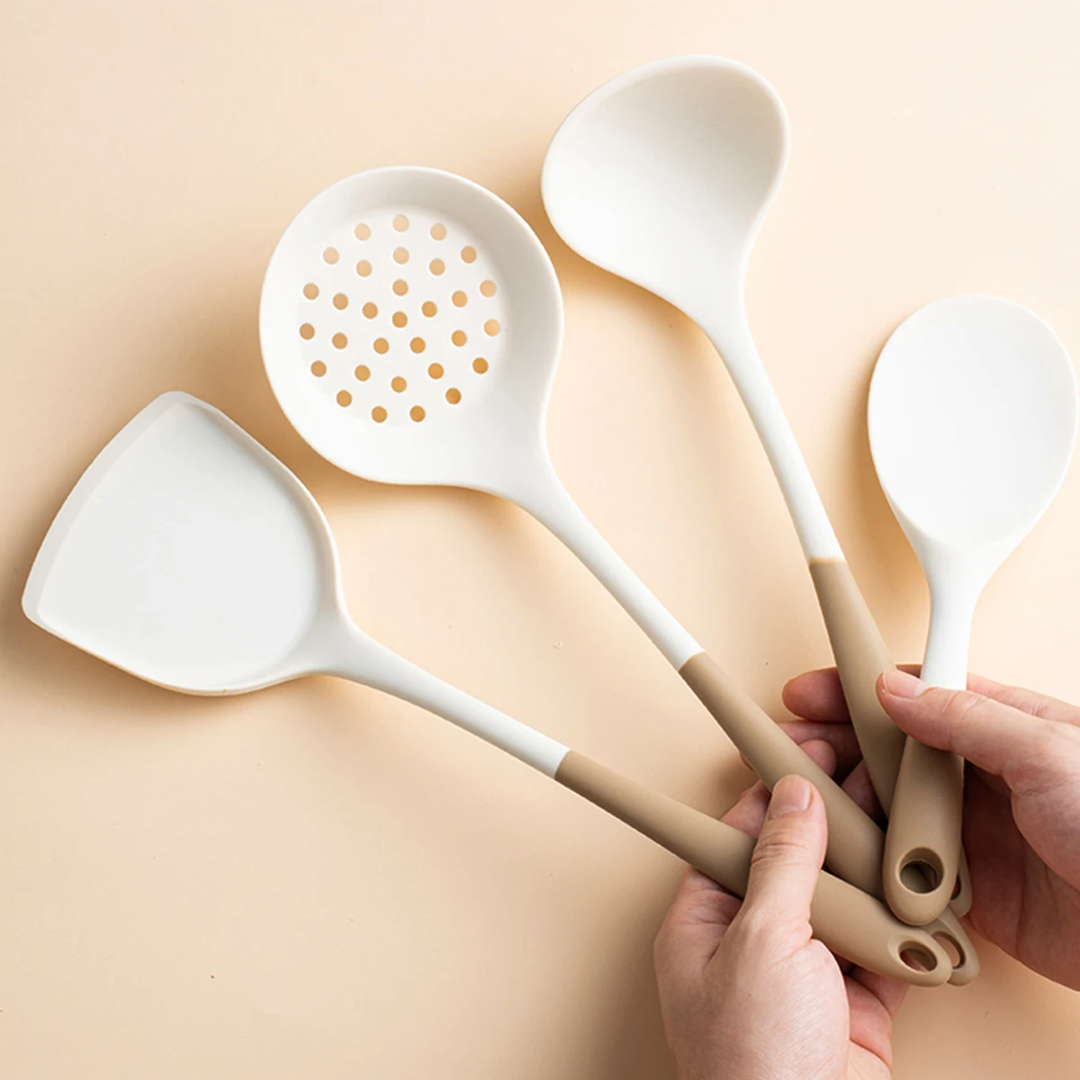 Juego de utensilios de cocina de silicona de 4 piezas con sartenes antiadherentes, espátula de silicona, cucharón de sopa, cuchara ranurada, herramientas de cocina para Cocina