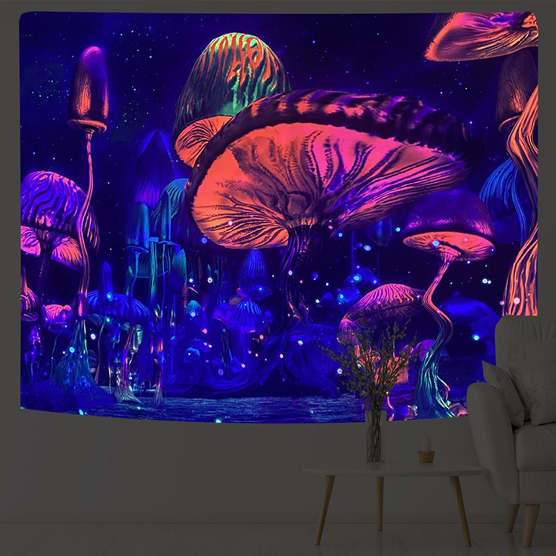 Tapiz fluorescente de seta de búho, decoración de pared que brilla bajo la lámpara negra, luz UV, decoración del hogar, dormitorio, sala de estar, psicodélico: 03