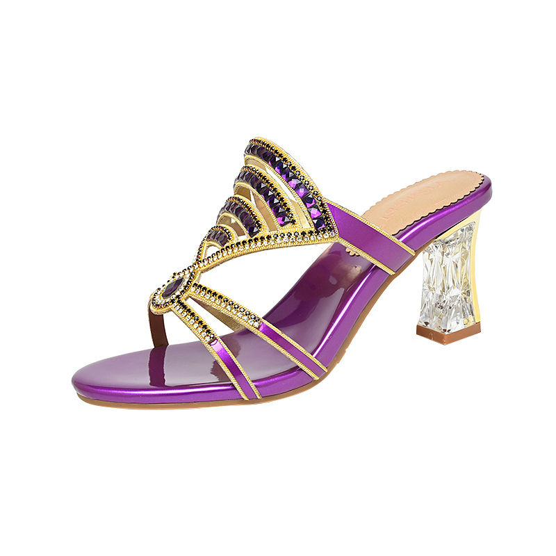 Mode Zomer Sandalen Dames Diamanten Sandalen Hoge Hak Slippers Anti Slip Banket Schoenen Adem Diamant Strandschoenen: Paars / 38