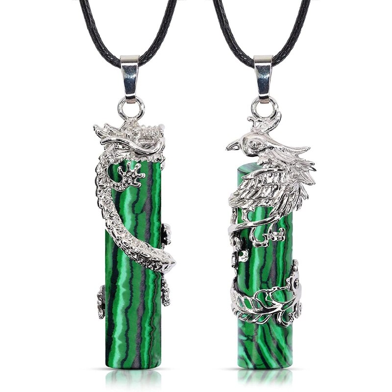 Collar cilíndrico con colgante de Yin Yang para parejas, 2 piezas, dragón de cristal, Fénix, curación por radiación