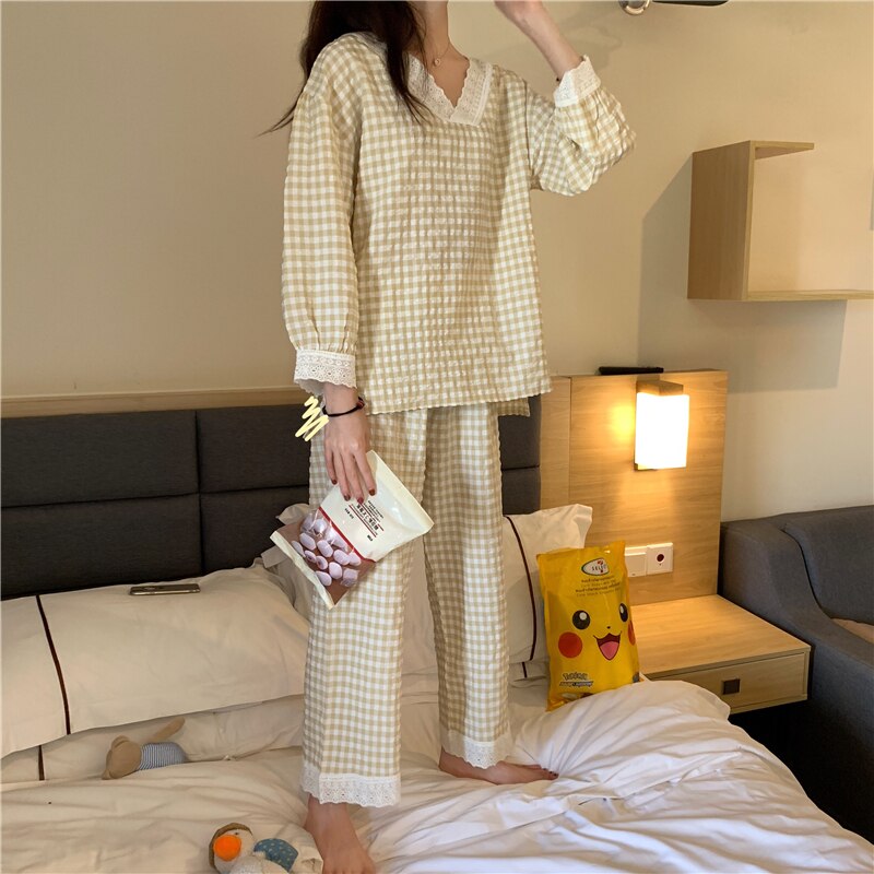 CAIYIER-Conjunto de pijamas coreanos Ulzzang para niñas, ropa de dormir holgada informal de manga larga con cuello en V, ropa de invierno, color rosa