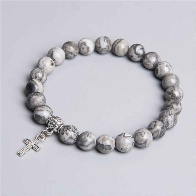 Natuurlijke kaart rhodochrosiet 8mm stenen kralenarmband voor dames, dames, pierre, zilverkleurig, metalen kruis, metalen bedelarmbanden voor dames