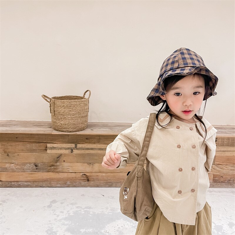 1638C Mädchen Kleidung Cottom Hanf Shirt 2022 Frühjahr Neue Koreanische Mädchen der Hemd Mantel Langarm Zwei Reihe Tasten Mädchen der oben Mantel