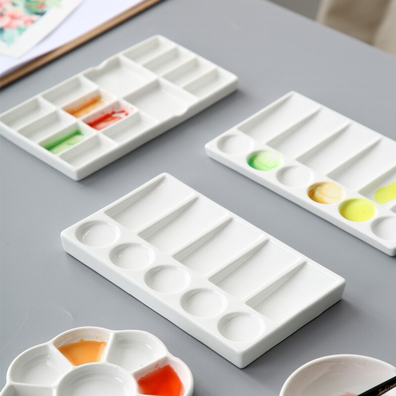 Paleta de cerámica para pintura de acuarela, materiales de arte de paleta de porcelana blanca, suministros profesionales de pintura de cerámica