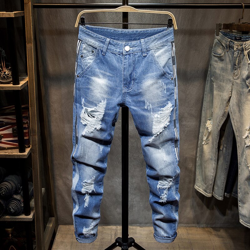 Mænd streetwear revet slim fit jeans bukser ødelagt store huller hip hop mand bomuld afslappet tigger denimbukser: 38