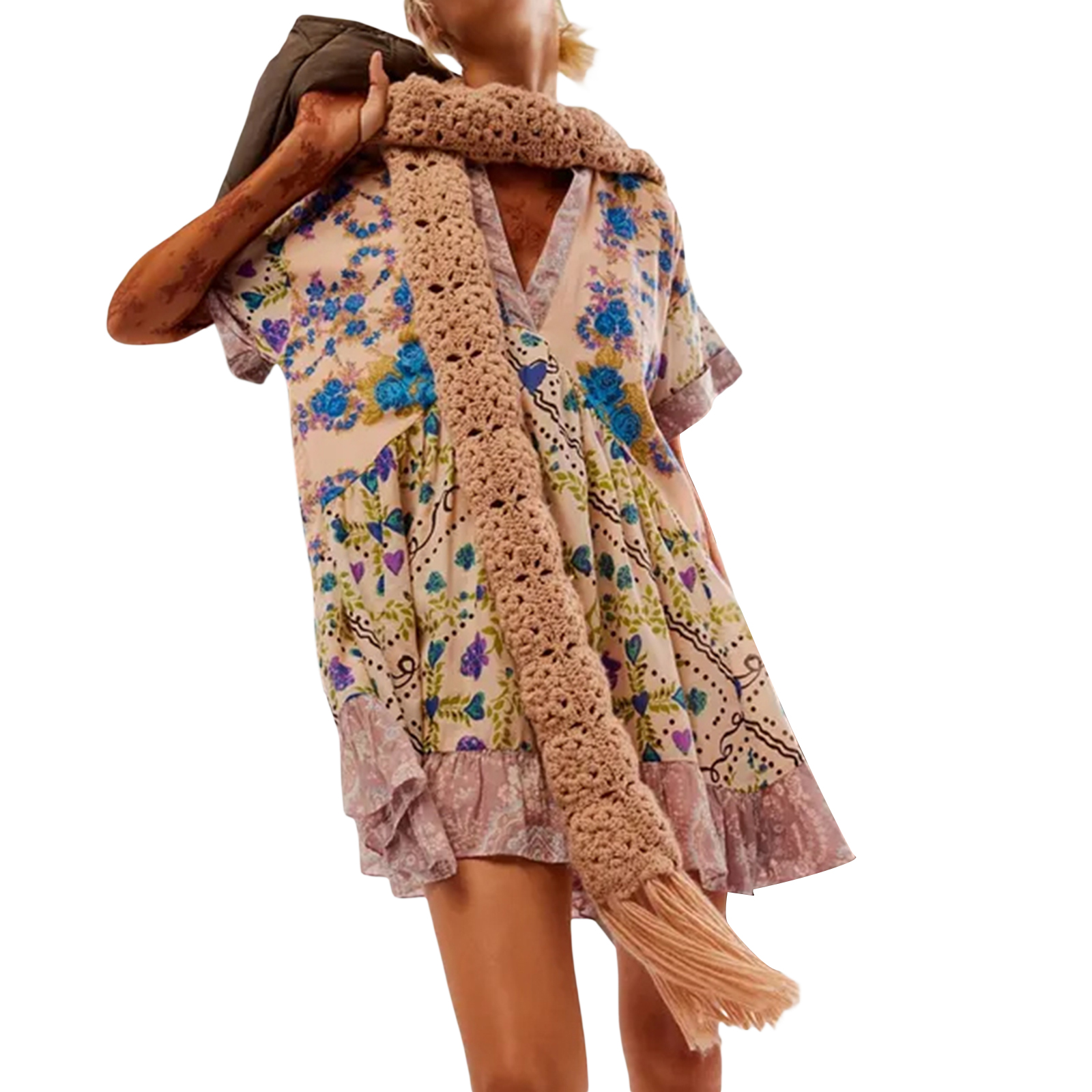 Kvinners sommer babydoll-kjole bohemsk blomstertrykk kortermet v-hals flagrende kjole med lommer fritids-retro: M / Lotusrotfarge