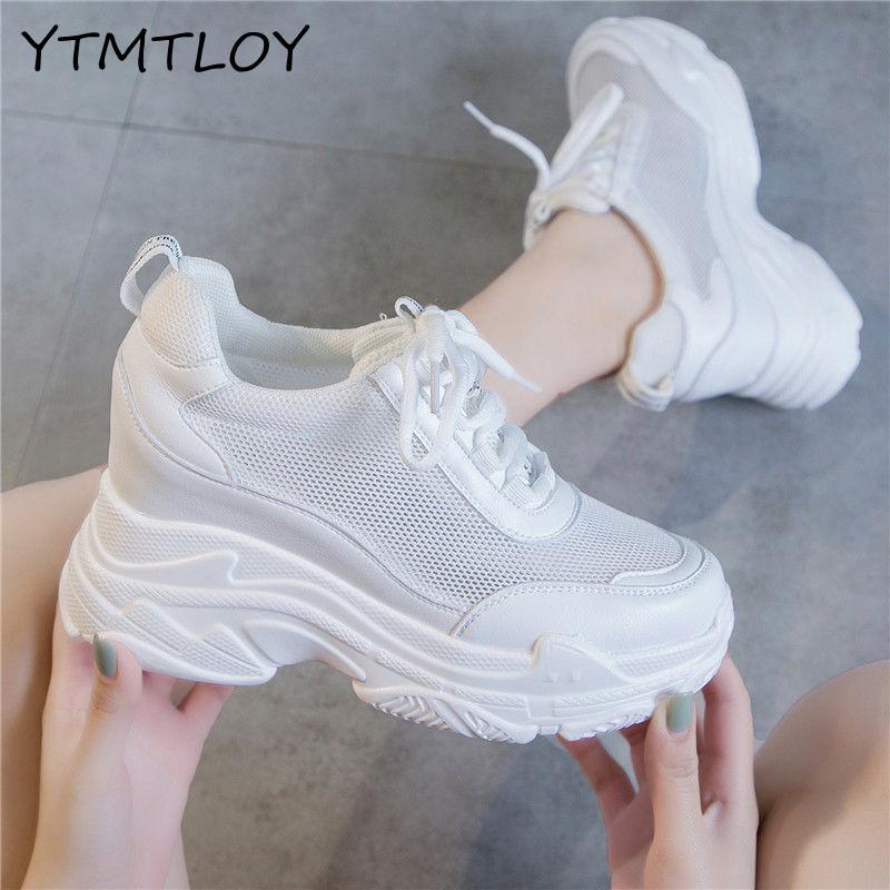 Women Wedge Platform Rubber Brogue Lace Up High heel Shoes Increasing White Silver Sneakers Zapatos De Mujer Plataforma: White / 40