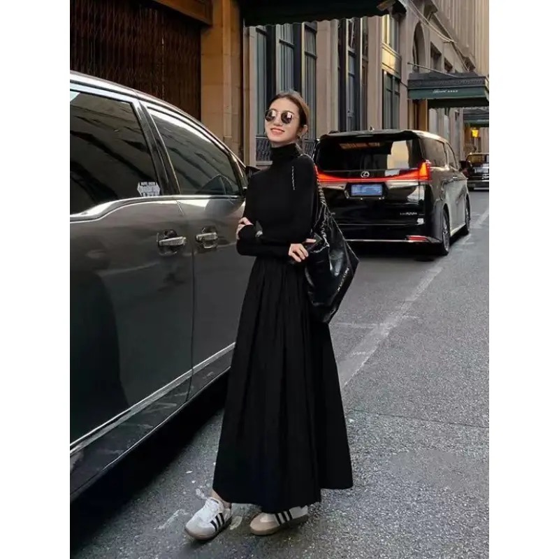 vestido negro de con temperamento de estilo francés para mujer, vestido gris de cuello alto estilo Hepburn para mujer Otoño Invierno DF4964